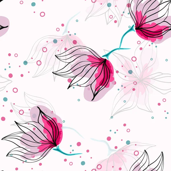 Hibiscus rose fleurs motif sans couture vecteur tropical. Motif exotique avec des bourgeons délicats. Fond textile de style hawaïen floral avec des fleurs. — Image vectorielle