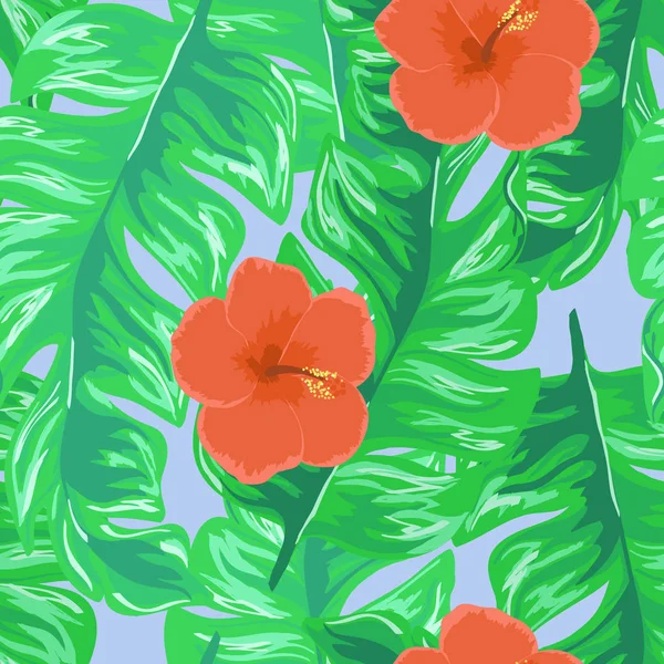 Modello tropicale con fiori e foglie di ibisco. Modello esotico senza cuciture con foglie tropicali. Sfondo etnico con fiori e piante hawaiane . — Vettoriale Stock