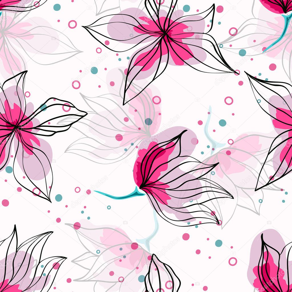 Pink hibiscus flowers tropical vector seamless pattern. Exotic pattern with delicate buds. Floral Hawaiian style textile background with flowers.
