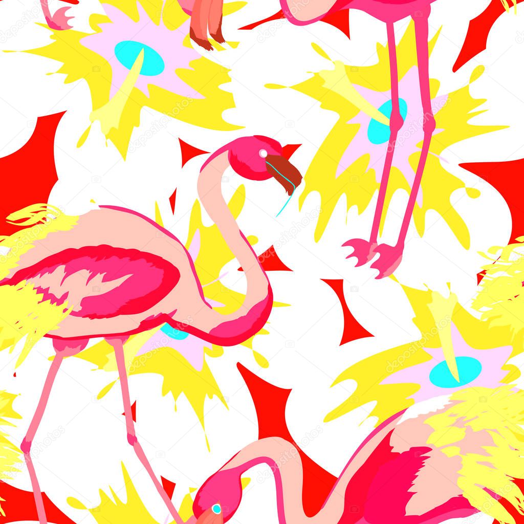 Pattern with pink flamingo. Floral seamless pattern with flamingo and tropical leaves.