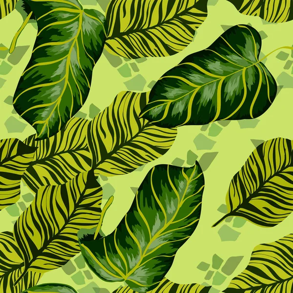 Tropen hinterlässt realistische nahtlose Muster. Bananenblatt und Palme. hawaiianischen exotischen Hintergrund mit tropischen Pflanzen. — Stockvektor