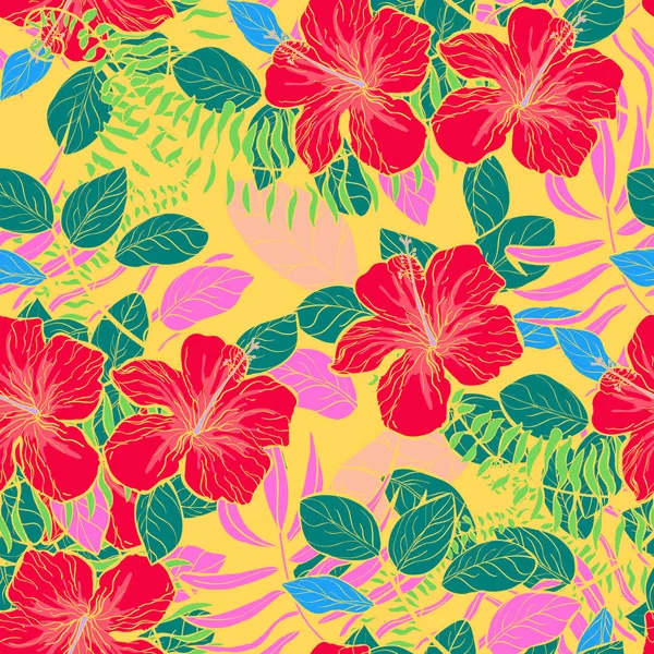 Fleurs tropicales et feuilles plantes motif jungle — Image vectorielle