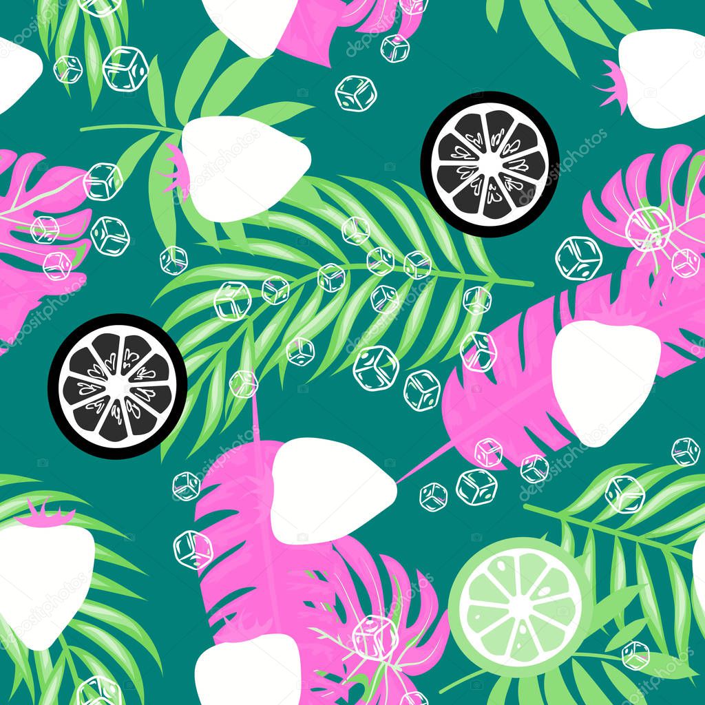 Tropical leaves and fruits exotic seamless pattern