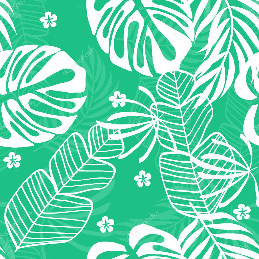 Tropical seamless pattern white leaves monstera