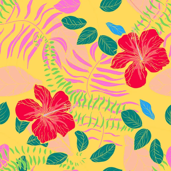 Fleurs tropicales et feuilles plantes motif jungle — Image vectorielle