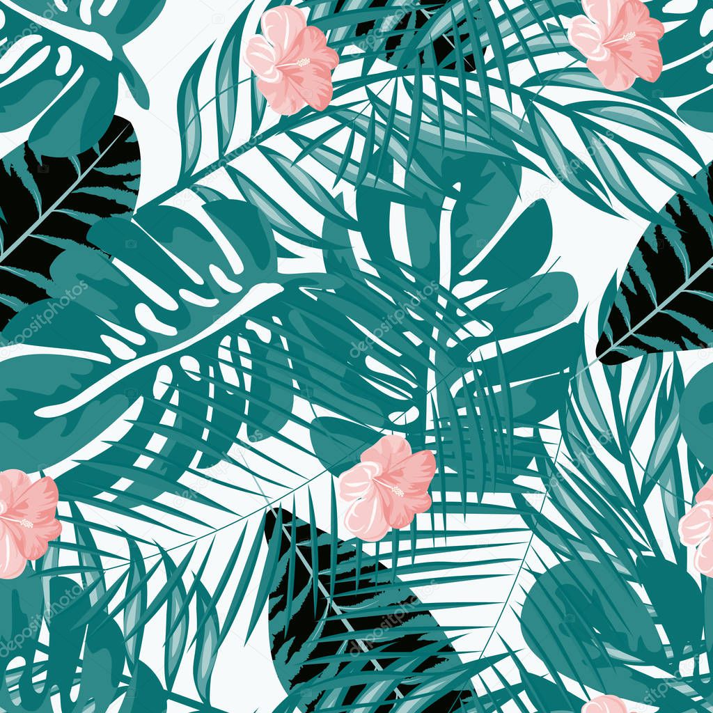 Tropical flowers and leaves plants jungle pattern