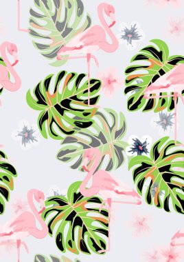 Tropikal yapraklı pembe flamingo çiçek desenli