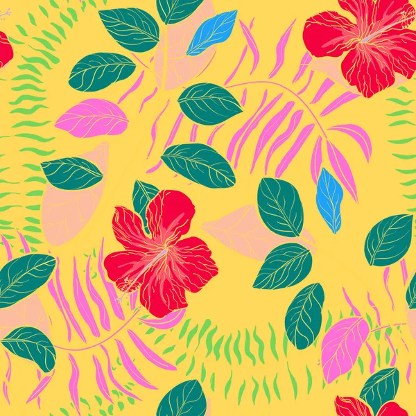 Flores tropicais e folhas plantas padrão selva —  Vetores de Stock