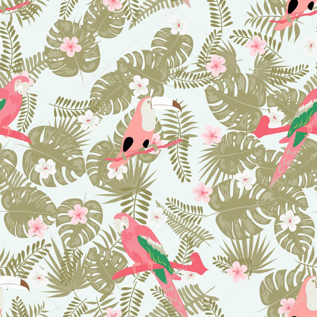 Toucan,tropical flowers leaves seamless pattern