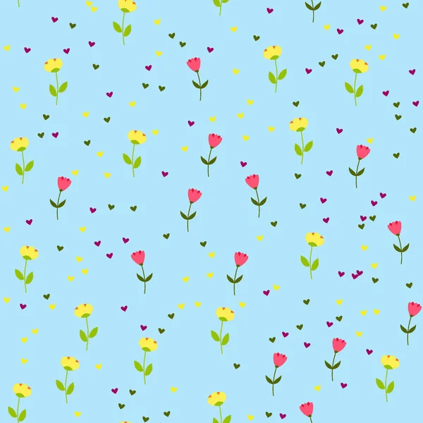 Bright Seamless pattern with flowers and hearts — Stock Vector