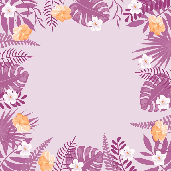 Hermoso marco tropical con flores y hojas — Vector de stock