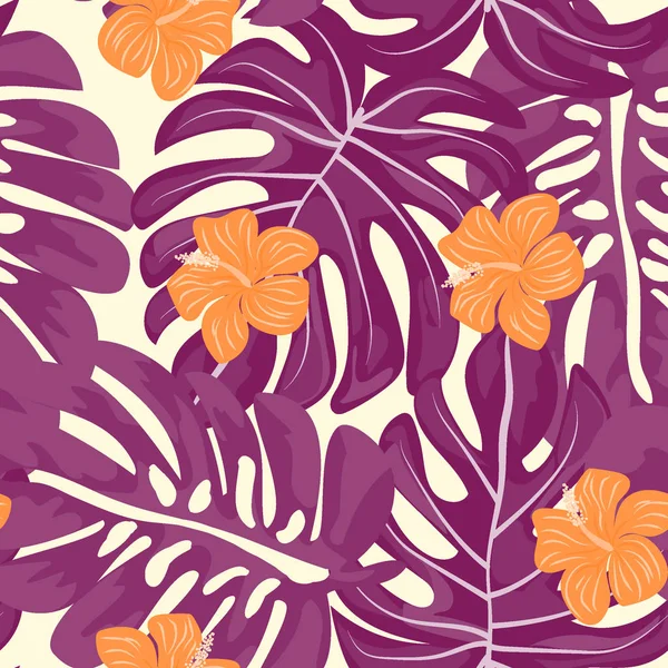 Belo padrão tropical sem costura com flores e folhas. Flores da selva. Fundo de verão com folhas tropicais e flores para tecido, papel de parede e capa —  Vetores de Stock