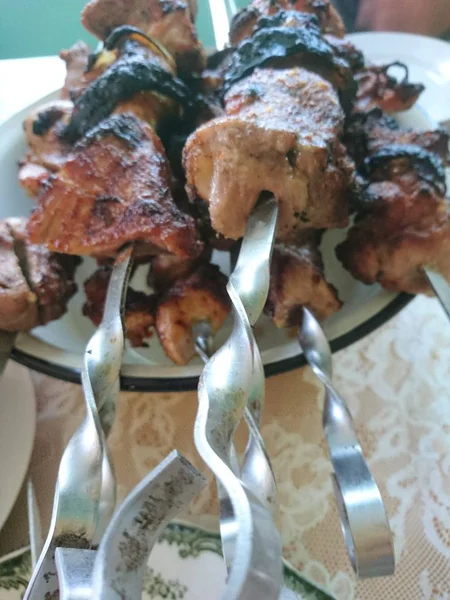 Pork Meat Fried Fire Called Shish Kebab Very Tasty Dish — Stock Photo, Image