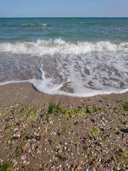 Güzel parlak mavi deniz manzarası: gökyüzü, bulutlar, su, dalgalar, kum, rüzgar. Harika tatil ve seyahat 