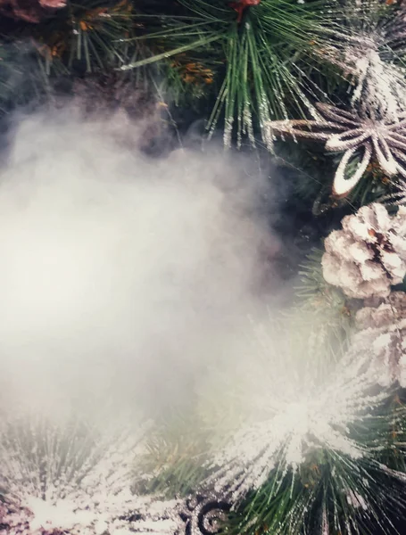 Weihnachtsdekoration Zapfen Auf Einem Ast Kunstschnee — Stockfoto