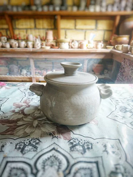 Pottery Table Wooden Shelves — Stock Photo, Image