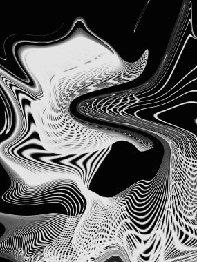  Ses dalgalarının deforme olmuş elementlerinden oluşan soyut bir görüntü. Dinamik hareket teknolojileri. Siyah arkaplanda beyaz üç boyutlu kıvrımlı çizgiler. Gelecekçi teknoloji tarzı.