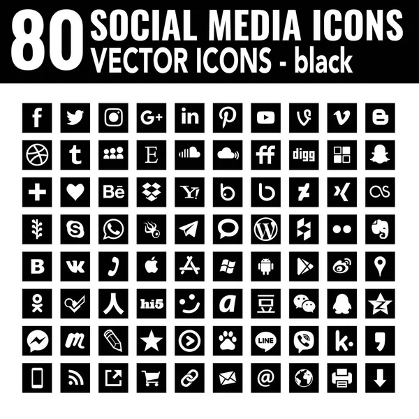 Düz Simgeler Siyah Beyaz Kare Vektör Sosyal Medya Simgeler Koleksiyonu — Stok Vektör