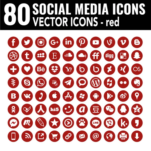 Rode Social Media Iconen Ronde Platte Vector Iconset Containig Alle — Stockvector