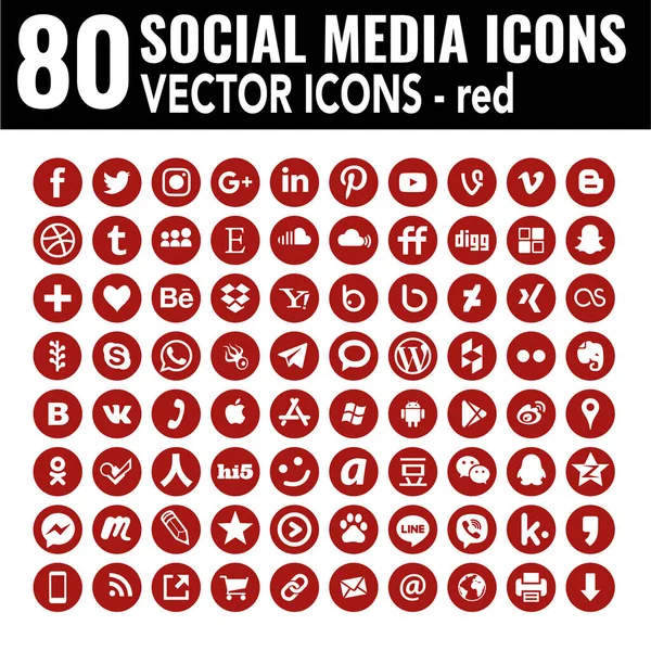 Rote Social Media Symbole Runde Flache Vektorsymbole Die Alle Gängigen — Stockvektor
