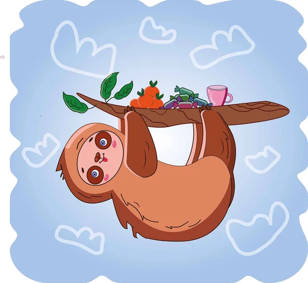 Tembel bir dalda asılı, şeker yiyor ve çay içiyor.    ,     