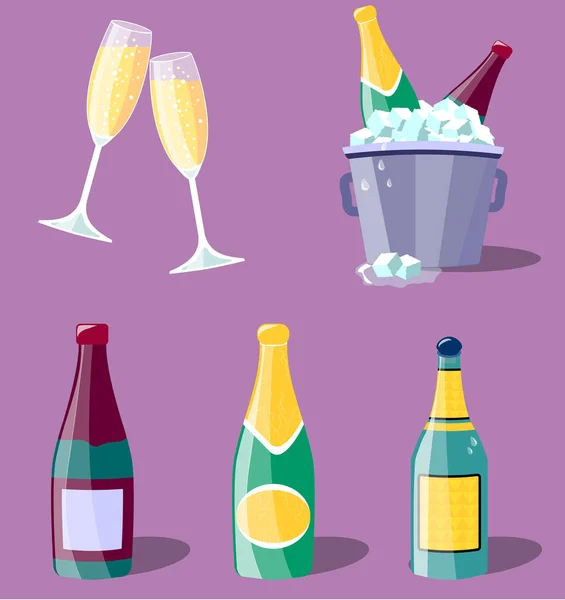  Gözlük ile farklı şampanya şişeleri ayarlayın. Düz şampanya şişe ve gözlük, beyaz arka planda izole karikatür vektör çizimler seti. 
