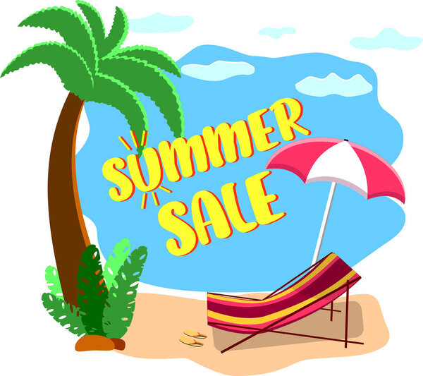  Summer sale vector banner design for promotion with colorful beach elements. Vector illustration. Summer Sale on new arrivals with umbrella, palm, and beach background.