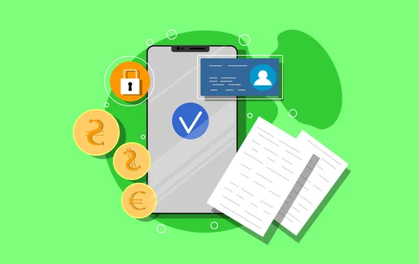 Mobil ödemeler kavramı, kişisel verilerin korunması. Karttan para transfer edin. Kripto para birimi ve blockchain. Vektör illüstrasyon. Banka kartı tasarımı.