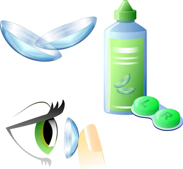  Vektör göz bakımı için mavi kontakt lensler ile ayarlayın. Görme düzeltmek için oftalmolojide kullanılan tıbbi ekipmanlar. Kontakt lensler günlük bakım seti. Konteyner, cımbız, günlük çözelti sıvı yıkama, göz damlası.