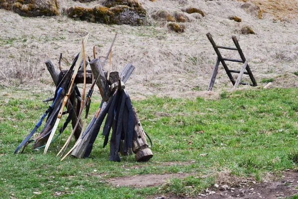 yay ve ok eski ahşap merdivenler, yeşil çim ve yosun, kuru ot ve toprak zemin üzerine