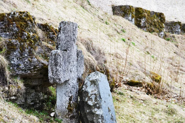 Antik çapraz Izborsk bahar zaman içinde yosun ve bir eski kale duvarı zemine karşı kuru ot kaplı taş şeklinde. Renkleri yeşil, kahverengi, gri.