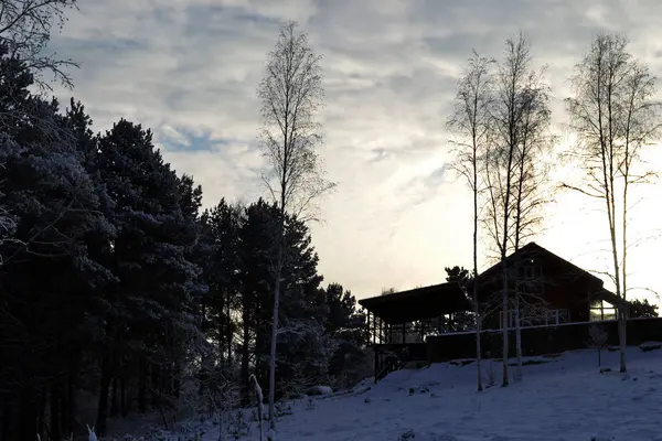 Kışın batan güneşin ışınları karlı orman arasında bir tepeüzerinde evin görünümü. Rus uzak yer.renkler beyaz, gri, mavi, yeşil