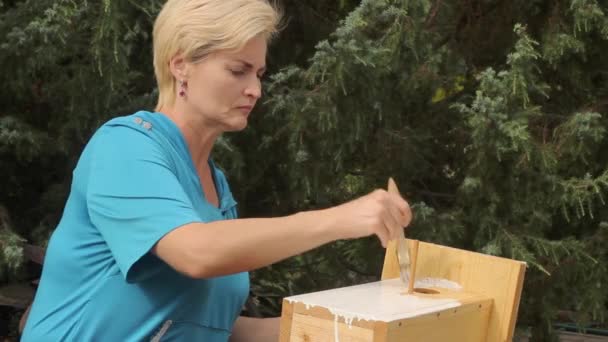 Красива жінка, що малює пташиний будинок білою фарбою — стокове відео