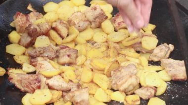 Büyük bir aile ve doğadaki misafirler için yaz güneşli bir günde büyük bir tavada et ve şenlik ateşiyle lezzetli patatesler kızartıyoruz.