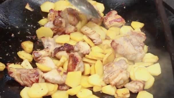 Para Uma Grande Família Convidados Natureza Fritamos Deliciosas Batatas Com — Vídeo de Stock