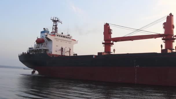 Een Grote Droge Vrachtschip Afmeren Komt Commerciële Zeehaven Heidevelden Ligplaats — Stockvideo