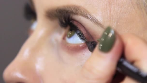 Ein Professioneller Visagist Trägt Einen Eyeliner Und Einen Eyeliner Pinsel — Stockvideo