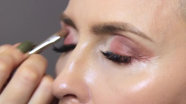 Salon Kecantikan Seorang Ahli Kecantikan Profesional Menerapkan Eyeliner Kelopak Mata — Stok Video