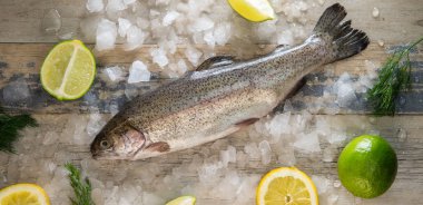 Hazırlanması alabalık, dilimlenmiş limon ve yeşil biberiye. Yemek yemek bir ahşap tahta üzerinde