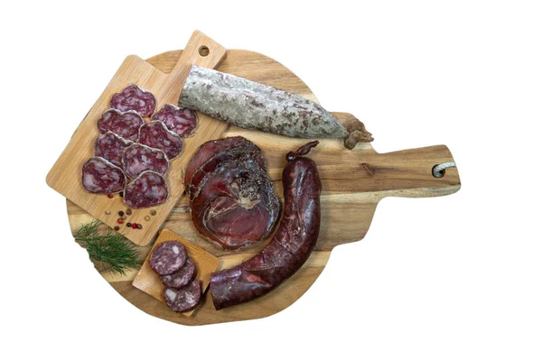 Salsiccia Fresca Declinante Prosciutto Salame Antipasti Carne Tavola Legno Francia — Foto Stock