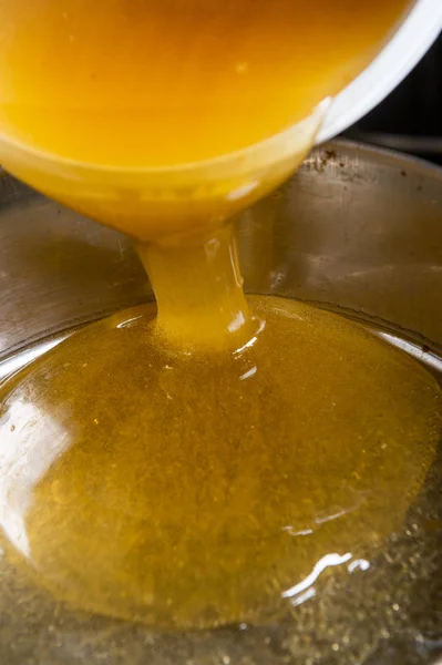 Strain Poured Honey Sieve How Harvest Honey Filtering Raw Honey — Stock Photo, Image