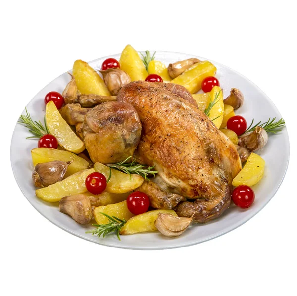 Roast Chicken Various Vegetables White Plate France — Stock Photo, Image