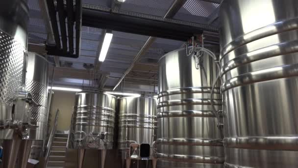 Ряды современных резервуаров из нержавеющей стали на заводе виноделов — стоковое видео