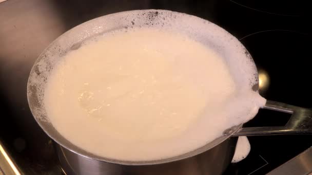 Cook natural organic milk, boil the milk in pots, milk that is about to overflow, overflowing milk — Stock Video