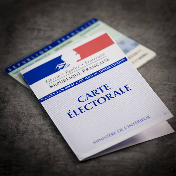 French electoral voter cards official government allowing to vote paper on grey background
