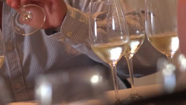 Vinprovningsglas, vitt vin — Stockvideo