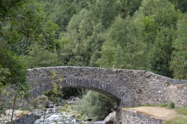 Pireneler 'deki akan Gavarnie deresini çevreleyen taştan bir köprü, canlı ağaçlar ve yüksek dağlarla çevrili, sabahın erken saatlerinde huzurlu ve pitoresk bir atmosfer yaratıyor..