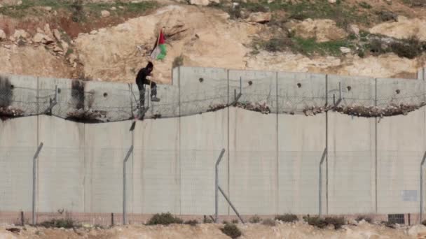 Палестинської Арабські Дитина Хлопчик Прилипання Прапор Колючим Дротом Стіні Безпеки — стокове відео