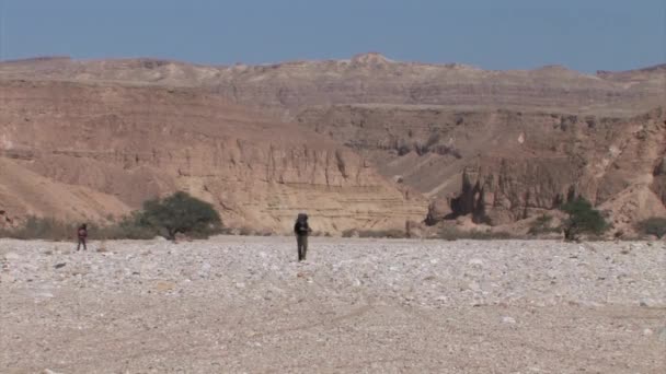 Two Hikers Walking Wadi Nekarot Negev Mountains Israel — Stock Video