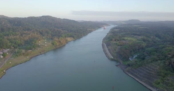 Vue Aérienne Panoramique Canal Panama Coucher Soleil — Video